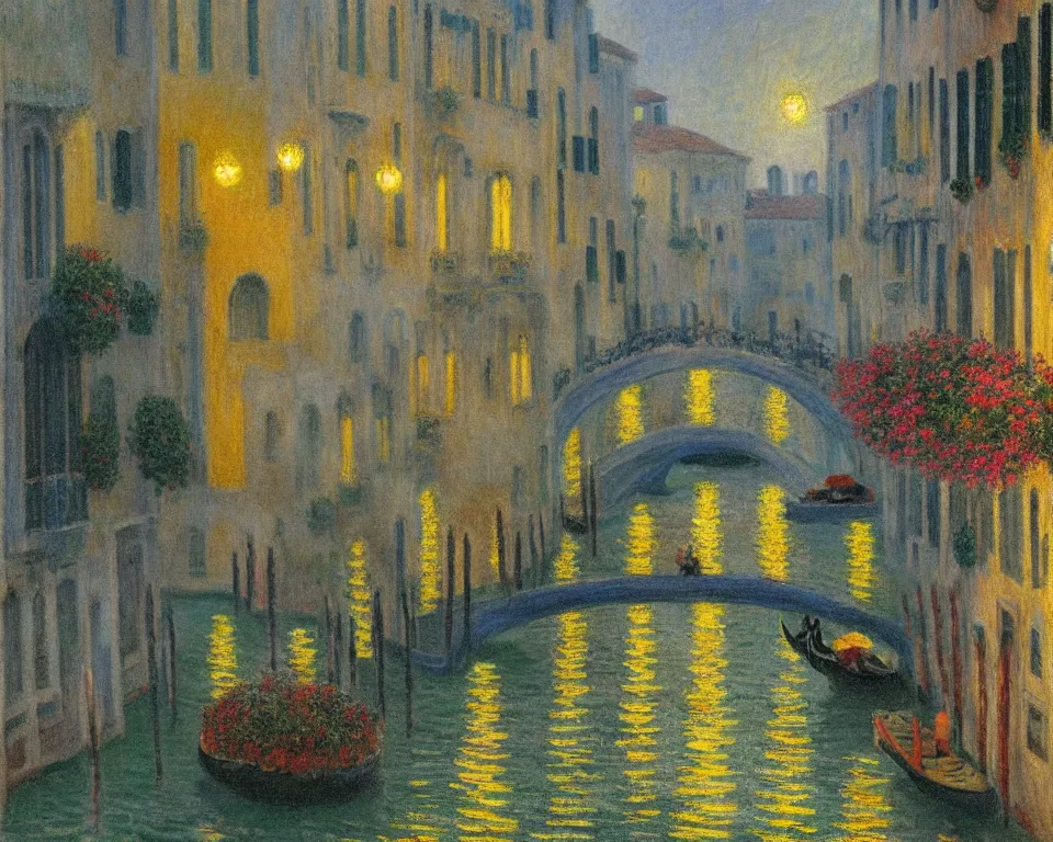 Prompt: a quaint, romantic venice canal with glowing street lamps and hanging flower baskets at night by hopper and monet. enchanting, golden ratio.