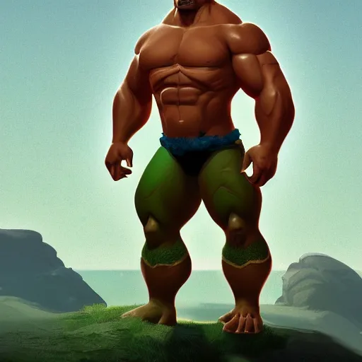 Image similar to upper body illustration of a dwayne johnson as an orc, green skin, strong chest, mattepainting concept blizzard pixar maya engine on stylized background splash comics global illumination lighting artstation, sharp focus, lois van baarle, ilya kuvshinov, rossdraws