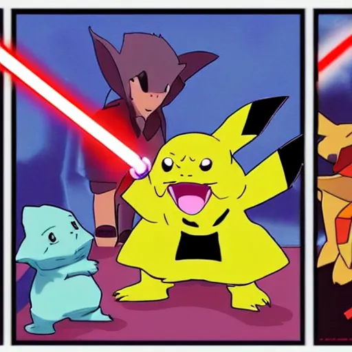 Prompt: Yoda versus Darth pikachu, jedi sith lightsaber battle, dramatic duel of the fates, in the style of pokemon, cartoon, bright colours