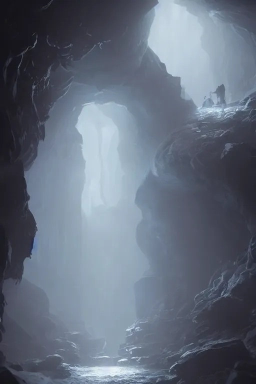 Prompt: a dark cave opening with a light inside the cave and a twisted shadow creature casting shadows, matte painting, artstation, Greg Rutkowski, 4k, dramatic