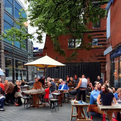 Prompt: a dutch oven the size of a building in the city with people drinking outside it in a beer garden
