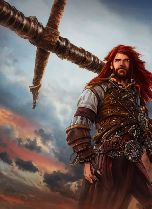 Image similar to An epic fantasy comic book style portrait painting of a long haired, red headed male sky-pirate in front of an sky-ship in the style of the wheel of time, unreal 5, DAZ, hyperrealistic, octane render, cosplay, RPG portrait, dynamic lighting