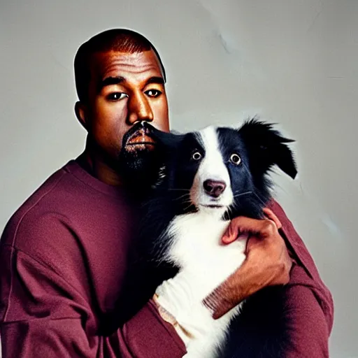 Prompt: Kanye West holding a Border Collie puppy for a 1990s sitcom tv show, Studio Photograph, portrait C 12.0