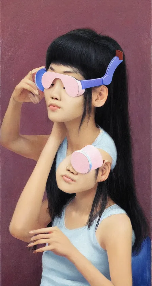 Prompt: a gen z teenage asian girl sitting at a small table, hand combing the hair, wearing vr googles, aged desaturated oil painting by mai trung thu