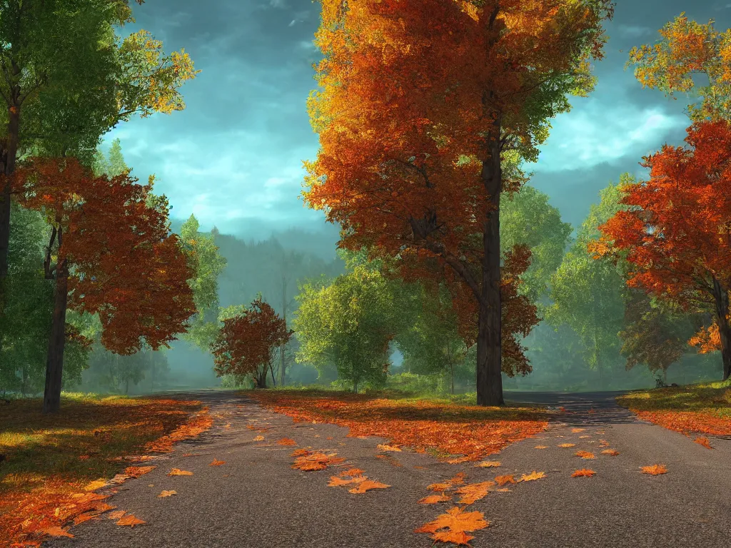 Image similar to Going to the end of the road, there are maple trees on both sides of the road, and maple leaves are floating in the air, Vanishing Point, hdr, ue5, unreal engine 5, cinematic 4k wallpaper, ultra detailed, high resolution, artstation, award winning.