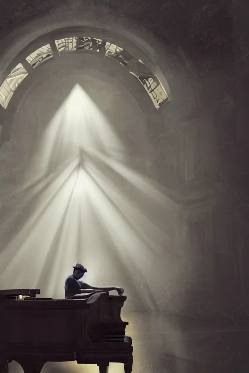 Prompt: Mac Miller playing the piano in the middle of a marble palace in Heaven, Halo, RIP, Heavenly, Divinity, waterfalls, beams of golden light, Hope, Ethereal, Symmetry, environment concept, Atmospheric Lighting, artstation trending, ladders, angelic, Rendered in Octane, trending on artstation, cgsociety, moody lighting rendered by octane engine, environment 8K artstation, cinematic lighting, intricate details, 4k detail post processing, hyperrealistic, ultra detailed cinematic