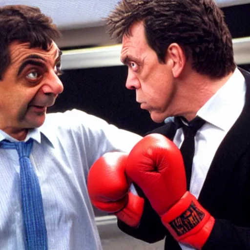 Prompt: photo of rowan atkinson fist fighting hugh laurie, street fighter style, high detail