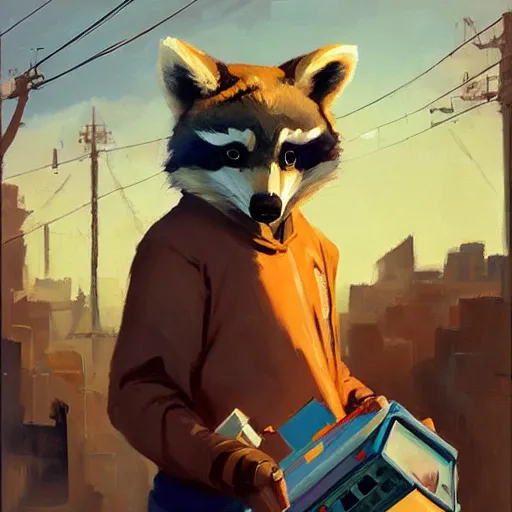 Image similar to greg manchess painting of a trash panda character, holding a box of cables and standing next to old electronic equiptment, medium shot, asymmetrical, profile picture, organic painting, sunny day, matte painting, bold shapes, hard edges, street art, trending on artstation, by huang guangjian and gil elvgren and sachin teng