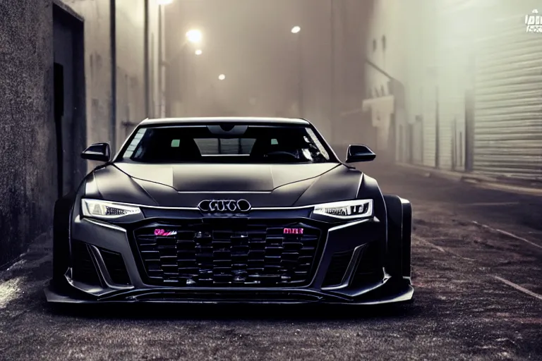 Image similar to widebody all black audi camaro b 9 ( 2 0 2 0 ), need for speed : carbon, at night, sci - fi, neon lines, phonk music background, smoke behind wheels, noise, dark, establishing shot, by simon stalenhag