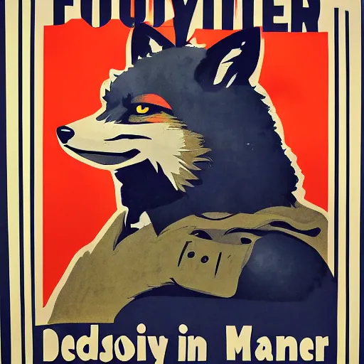 Image similar to fox animal dressed as a soldier in the style of a ww 2 propaganda poster