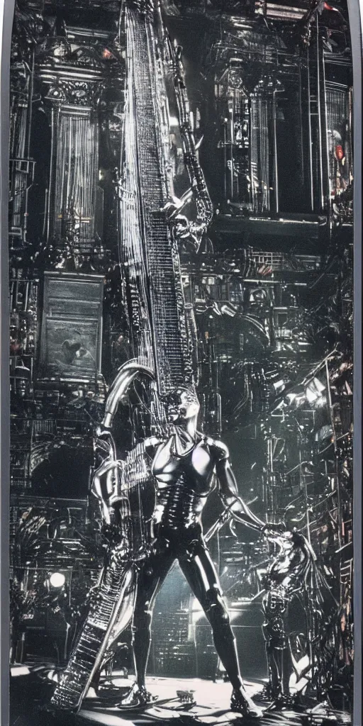 Prompt: polaroid photo of the terminator playing harp on the madison square garden stage, 8 k, ultra detailed, depth, detailed and intricate environment, stunning scene