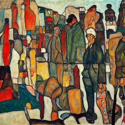 Prompt: Peoples of Minsk city painted in the style of Egon Schiele, natural light, 2022