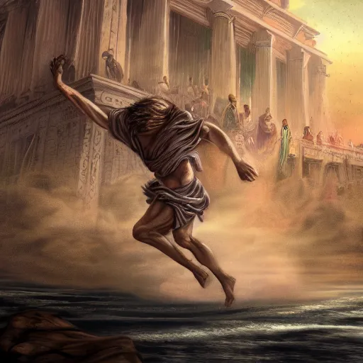 Prompt: a detailed picture of jesus chasing away the merchants in the temple, thrown tables, scattered gold coins, fleeing merchants, fantasy, intricate, elegant, highly detailed, digital painting, artstation, matte, sharp focus, illustration, in the style of vaporwave, retro futurist, 4 k