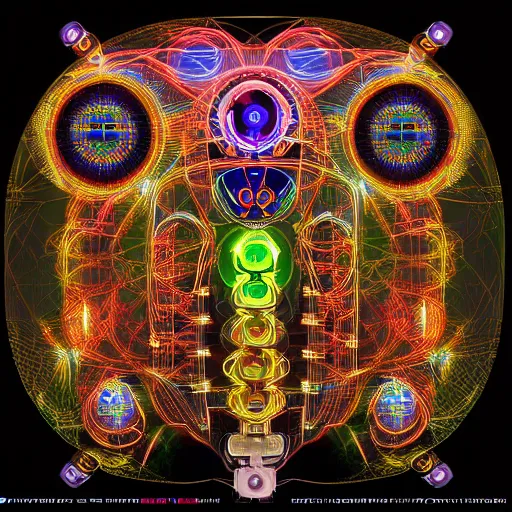 Image similar to hyperdetailed masterpiece portrait of a steampunk robot, covered in colorful glowing holy geometry and chakras, wearing a diadem of multicolored tubes and cables, symmetrical, 8 k, halluzinogenic, flourescent colors on black background