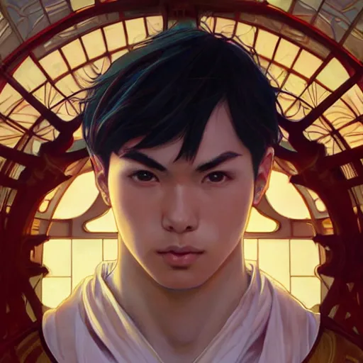 Prompt: character concept, wide angle, symmetrical head - on centralized, young man with japanese clothes. detailed, high quality, dynamic lightning, fantasy, scenematic. artwork by artgerm, wlop, alex ross, greg rutknowski, alphonse mucha
