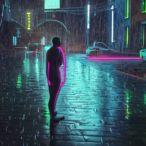 Image similar to a human sculpted out of rain, neon, rendered in octane, unreal engine, highly detailed, realistic, beautiful, emotional