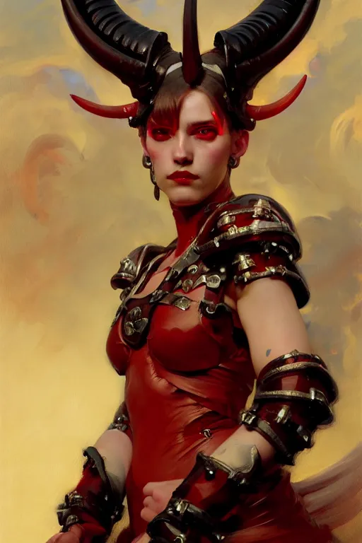 Image similar to painted close - up portrait of a attractive red - skinned intimidating demon cyborg girl with ram horns! oil painting, wearing a noblewoman's outfit, fantasy art by john singer sargent and gaston bussiere and james jean and greg rutkowski, demon noble character design, hd