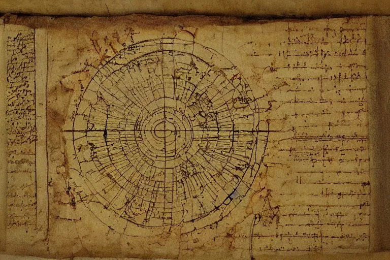 Image similar to ancient technical schematics on parchment by leonardo da vinci of a 9 1 1