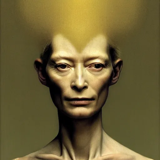 Image similar to Woman masterpiece, Tilda Swinton, yellow, golden halo behind her head, wires everywhere, by Edgar Maxence and Ross Tran, Zdzisław Beksiński, and Michael Whelan, distant, gustav dore, H.R. Giger, 8k, octane render
