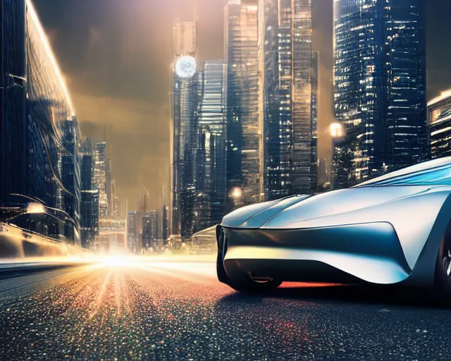 Prompt: Highly detailed digital art of a car arriving from the future, a sleek futuristic car accompanied by a trail of sparks on a city highway, a shining cityscape in the background