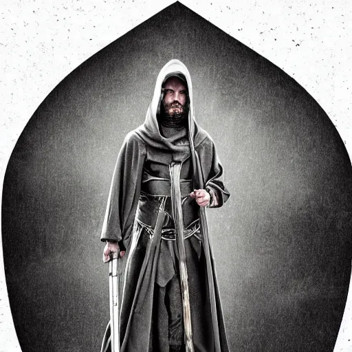 Prompt: a man in a grey cloak holding his black spear up to the sky, Digital art