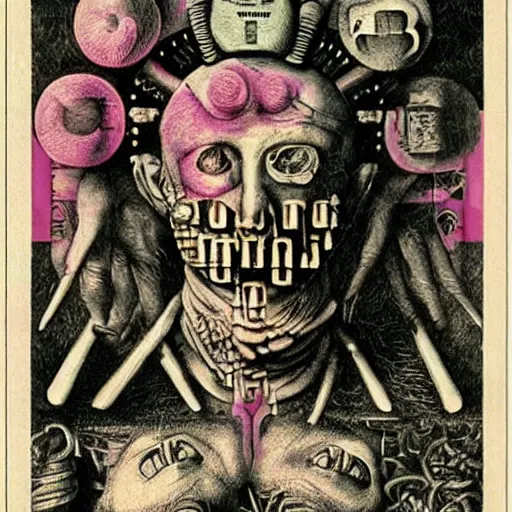 Image similar to post - punk new age album cover, asymmetrical design, frame of a dollar bank notes, capitalism, magic, apocalypse, psychedelic, black white pink, magic, giger h. r., giuseppe arcimboldo