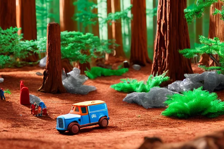 Prompt: fisher price redwood forest, california scene from tv show hyper detailed 5 5 mm 8 5 mm, toy photography, made out of plastic