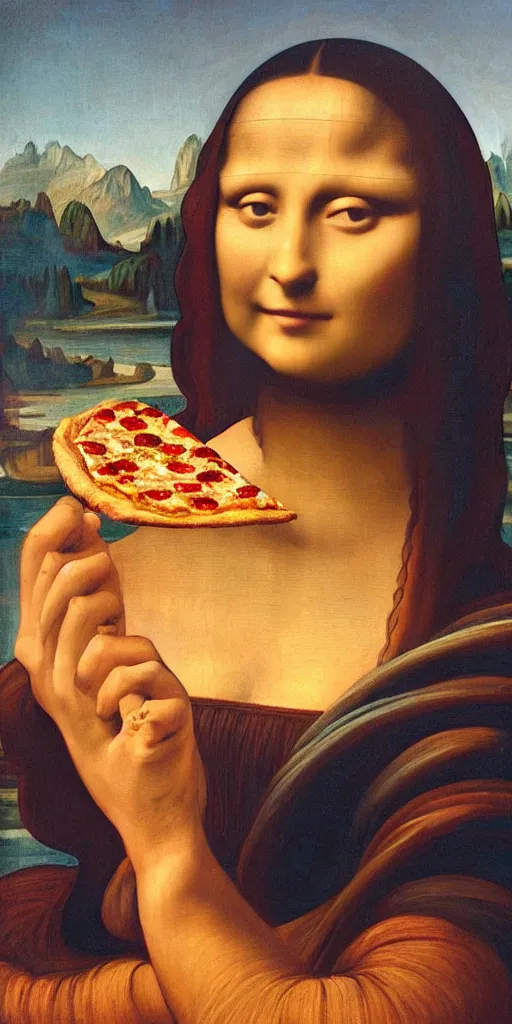 Prompt: natural light, painting of a beautiful woman holding a slice of pizza, the slice of pizza is held her right hand, near her face, in the artistic style of mona lisa