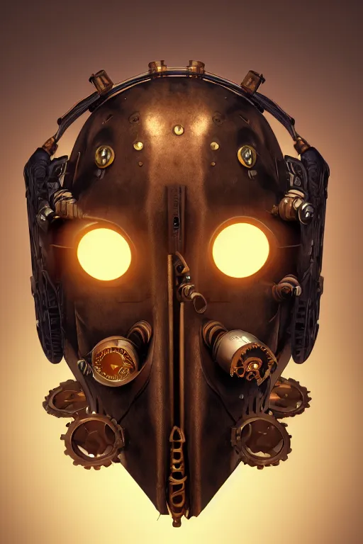 Image similar to steampunk mask minimalist fantasy art robot ninja helmet, global illumination ray tracing hdr fanart arstation by sung choi and eric pfeiffer and gabriel garza and casper konefal radiating a glowing aura