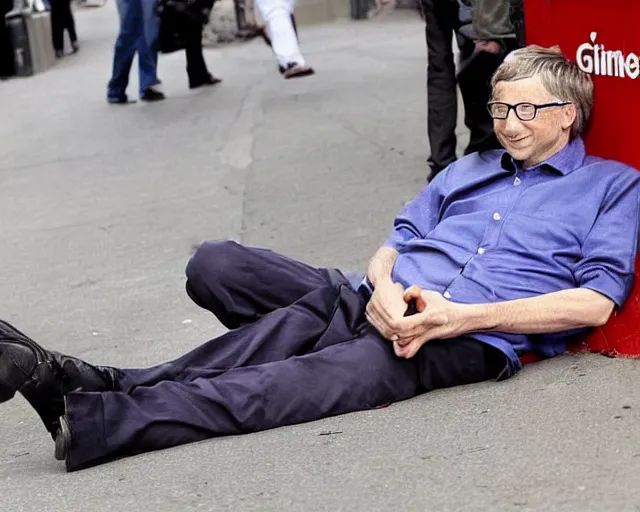 Prompt: a severely inebriated bill gates was spotted yesterday sleeping in the street with a bottle of smirnoff in his hands