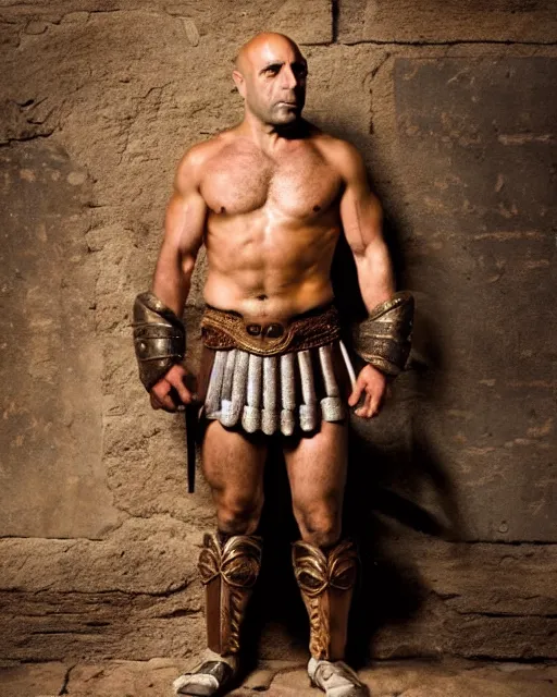 Image similar to high quality photo of joe rogan as a gladiator in the roman colliseum, ornate, masterpiece, cinematic composition, studio lighting,