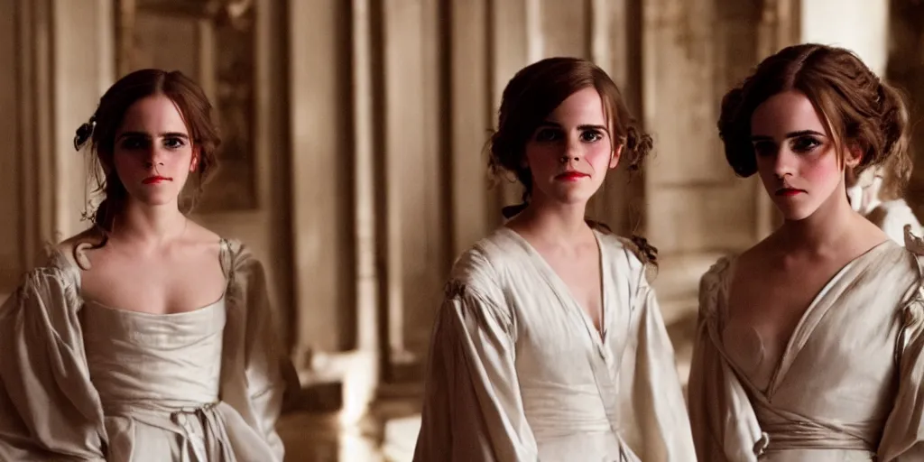 Image similar to Emma Watson identical twin sisters long hair flowing robes baroque room cinematic lighting stanley kubrick barry lyndon Canon eos M50 200mm