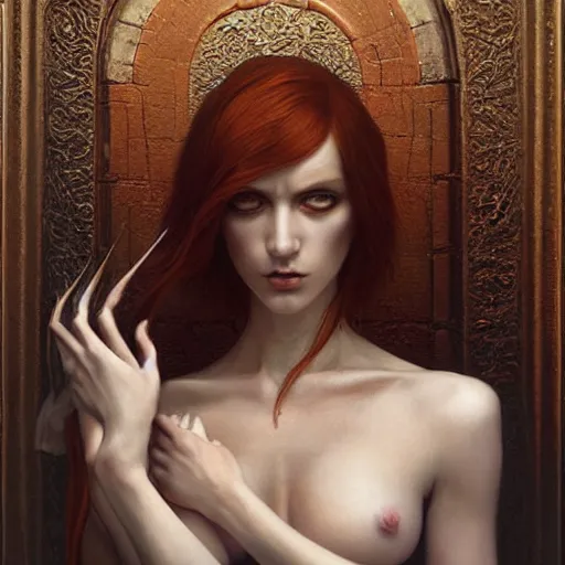 Prompt: ultra realist soft painting portrait of a single gothic mage in a full long curvy slim dress in Demon Souls, thin long auburn hair, symmetry accurate features, very intricate details, volumetric lighting, by Tom Bagshaw Boris Vallejo