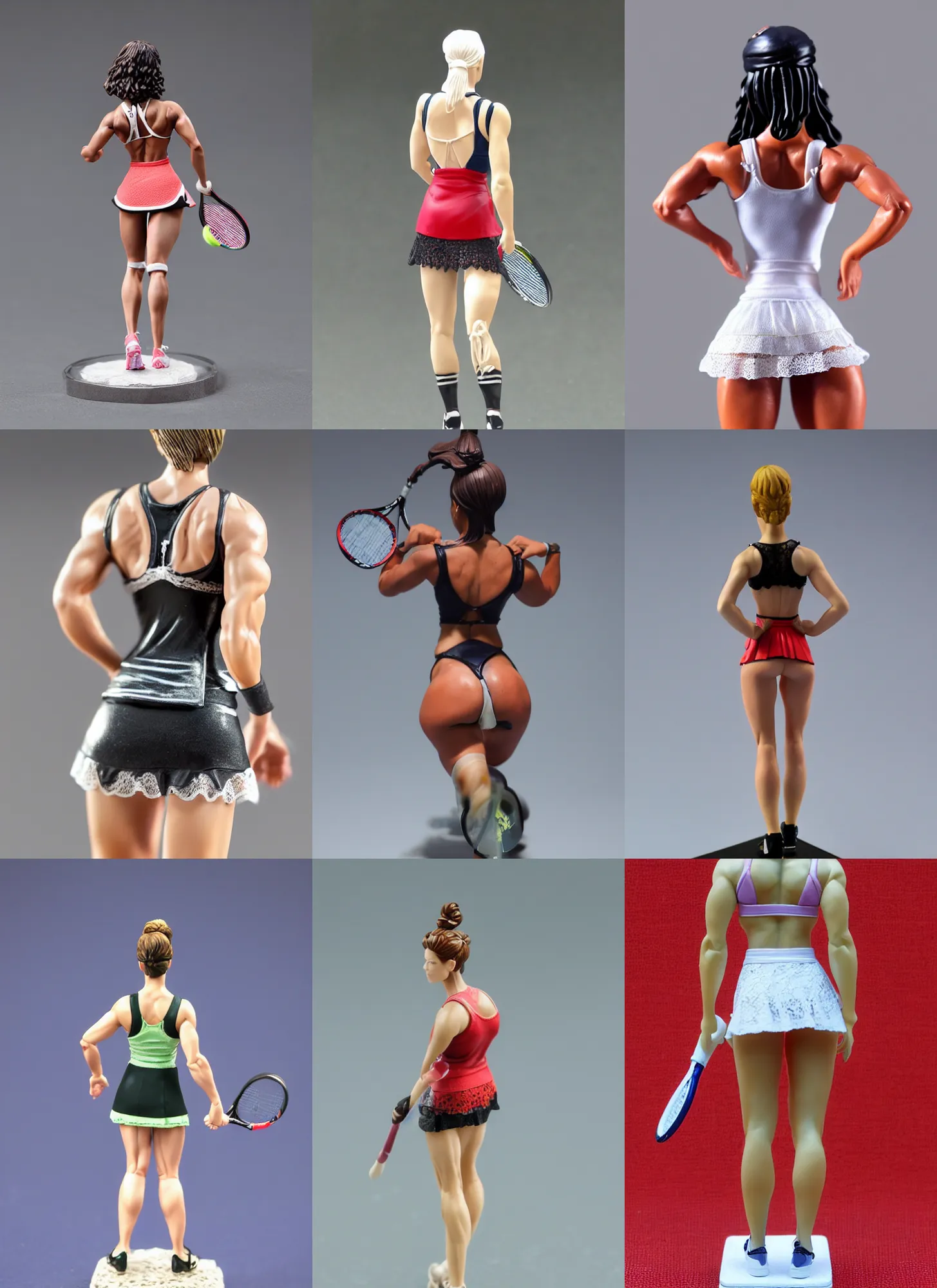 Prompt: 80mm resin model figure of a very muscular woman in detailed sleeveless tennis wear, mini-skirt, lace fabric ; Miniature product Photo, 4K, Full body, view from behind