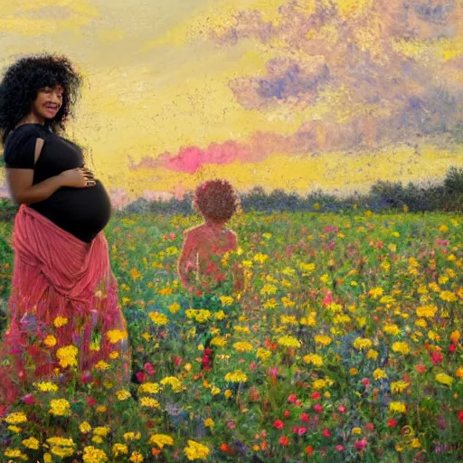 Image similar to egyptian man with long curly hair in a field of flowers, alongside a pregnant black woman with curly hair, with a small black puppy in the middle, golden hour, vintage, impressionist painting, fine art, oil painting, dreamy, pastel, laughing, happy, intricate details, sharp, peaceful, serene