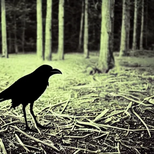 Image similar to crowman, mixture of a crow and human, werecrow, photograph captured in a dark forest