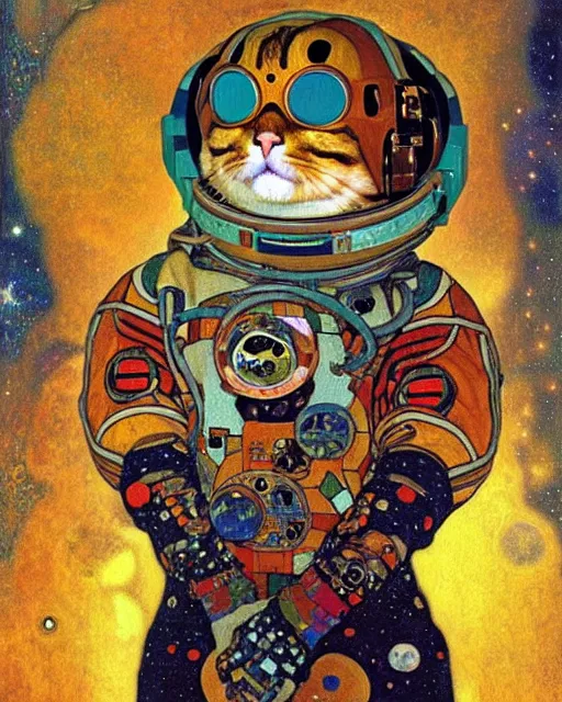 Prompt: cosmonaut cat portrait an oil painting splashes with many colors and shapes by gustav klimt greg rutkowski and alphonse mucha, polycount, generative art, psychedelic, fractalism, glitch art