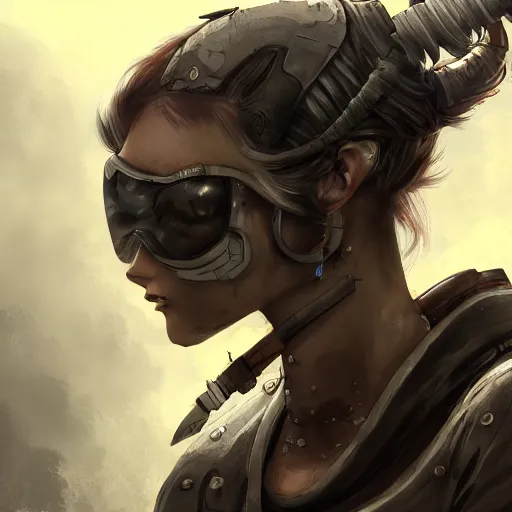 Image similar to anime beautiful female chimera, full round face, full body, post apocalyptic setting, futuristic, medium shot, mid-shot, highly detailed, trending on Artstation