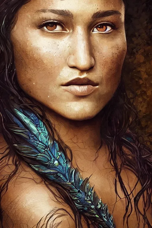 Image similar to a beautiful portrait of q'orianka kilcher as a mermaid in a river of the amazon, hyper realistic face, beautiful eyes, fantasy art, in the style of greg rutkowski, intricate, hyper detailed, smooth
