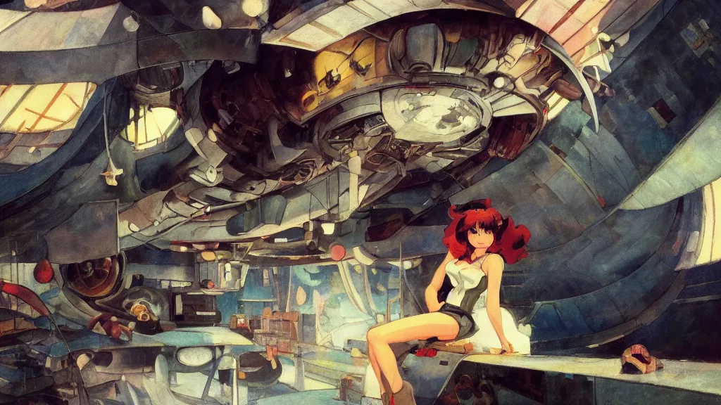 Image similar to a film still of a 1 9 5 0's mechanic anime girl sitting on top of flying ufo landing in hangar of giant ufo spaceship, kandinsky, trending on pixiv fanbox, painted by gaston bussiere, makoto shinkai, akihiko yoshida, gaston bussiere, craig mullins