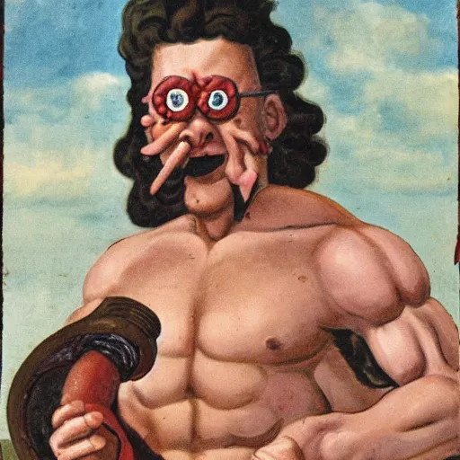 Prompt: a cyclops wielding a savaloy sausage