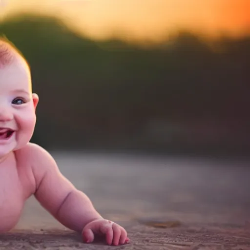 Prompt: baby smiling at sunset