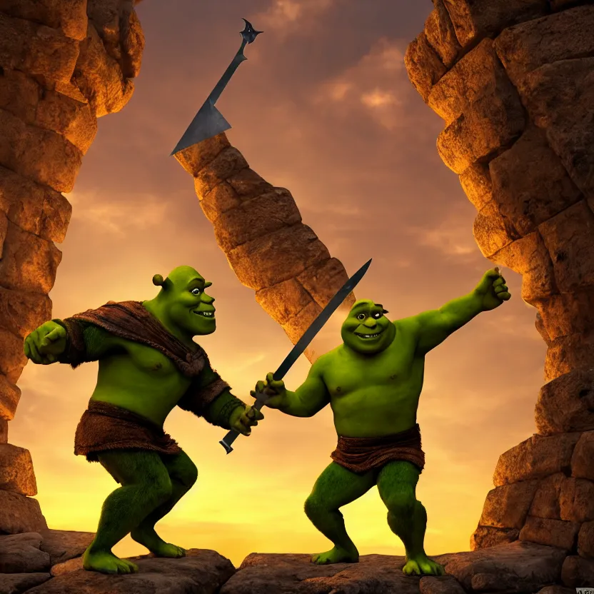 Image similar to shrek as a gladiator holding a sword, roman colosseum, sunset, cinematic lighting, volumetric lighting, award winning photography, highly detailed, intricate, sharp focus, 4 k wallpaper, unreal engine, 9 0 mm, f / 1. 4