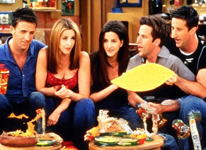 Image similar to the episode of Friends where everyone gets covered with nacho cheese hd