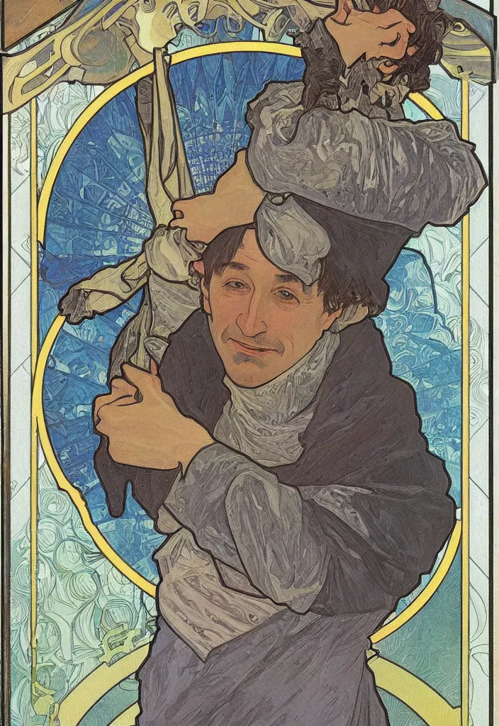 Image similar to realistic gray - haired geoffrey hinton on a tarot card, tarot in art style by alphonse mucha