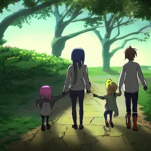 Prompt: A family of stone golems going for a walk, anime, 4k,