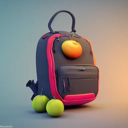 Prompt: a backpack in fruit shape, digital art, artgem, octane render, artstation, hasselblad photo, 4 k resolution, high fashion design, intricate, product photo, symmetrical, joyfull mood