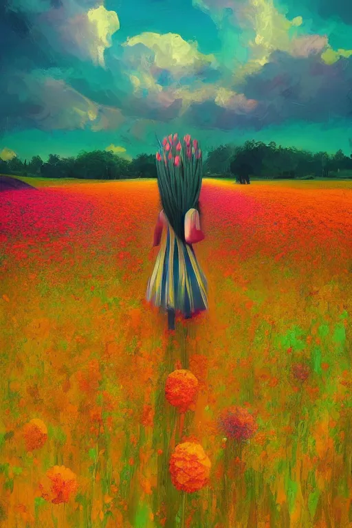 Image similar to giant flower head, girl walking in a flower field, surreal photography, sunrise, dramatic light, impressionist painting, colorful clouds, digital painting, artstation, simon stalenhag