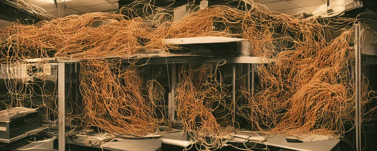 Image similar to taxidermized, a large computer server room overflowing with spaghetti, 5 0 mm, 1. 8 aperture, cinematic lighting, photography, retro, film, kodachrome, closeup