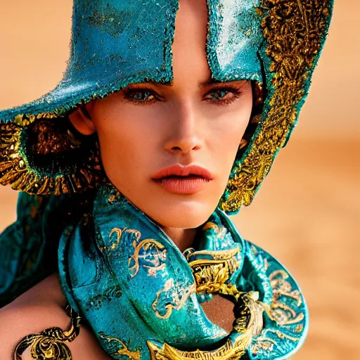 Prompt: An editorial up close macro photo portrait 105mm f2.8 in of a Versace woman model with a Turquoise ornate reflective helmet mask and scarf standing in sand dunes the style of highly detailed David Lachapelle